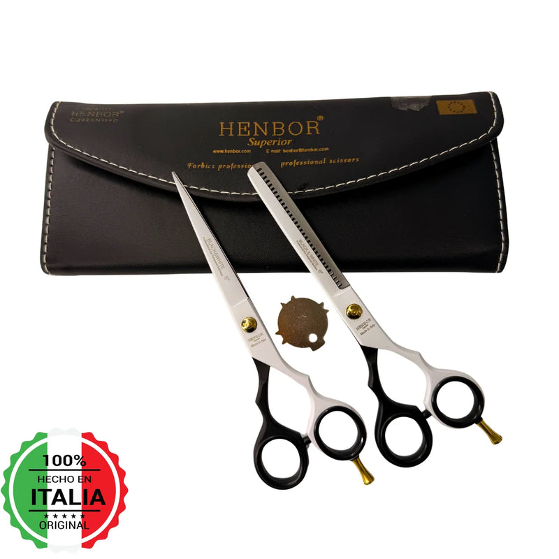 Set Tijeras Henbor Corte y Pulir Blanco Negro con Porta Navaja Negra