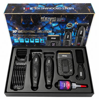 Kit de Barbería DSP 80221 3 en 1 Cortapelo, Patillera y Afeitadora Negro