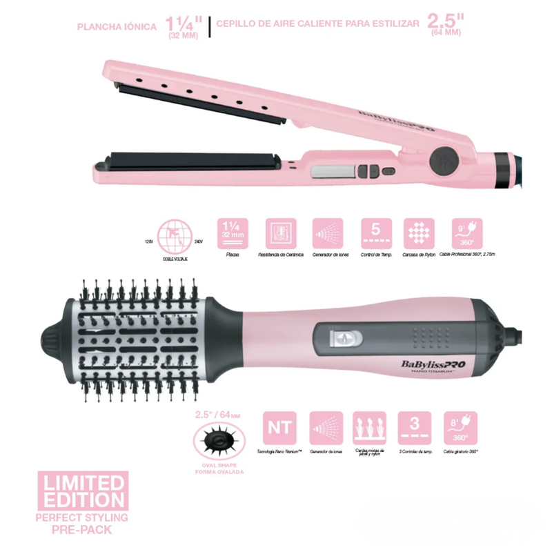 Kit BaBylissPRO Cepillo Secador y Plancha 4091 Rosa BNTPBKPP44UZ
