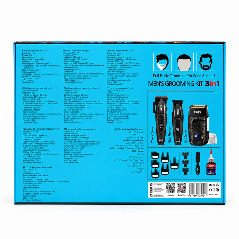 Kit de Barbería DSP 80221 3 en 1 Cortapelo, Patillera y Afeitadora Negro