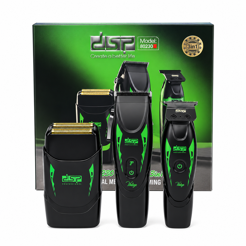 Kit Barbería DSP 80230 3 en 1 Cortapelo, Patillera y Afeitadora Verde