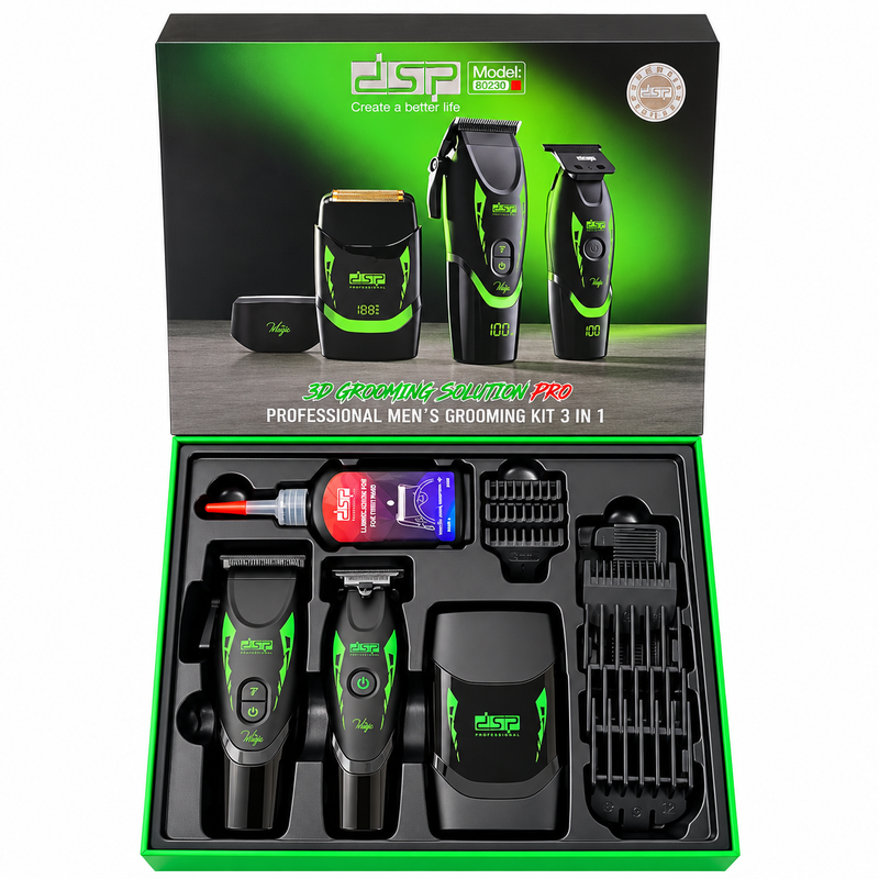 Kit Barbería DSP 80230 3 en 1 Cortapelo, Patillera y Afeitadora Verde
