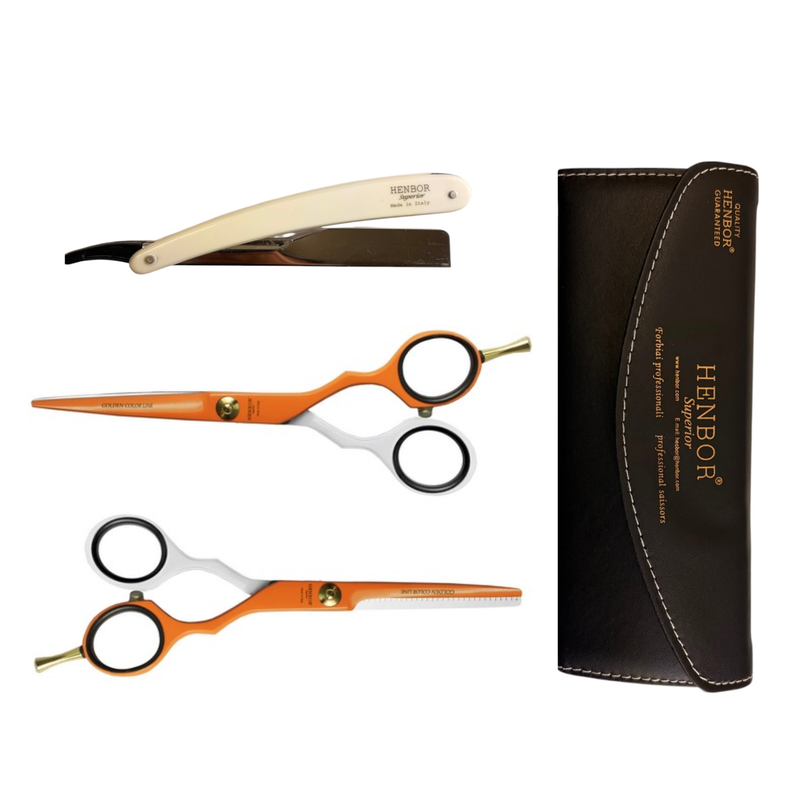 Set Tijeras Henbor Corte y Pulir Blanco Naranja con Porta Navaja Blanco