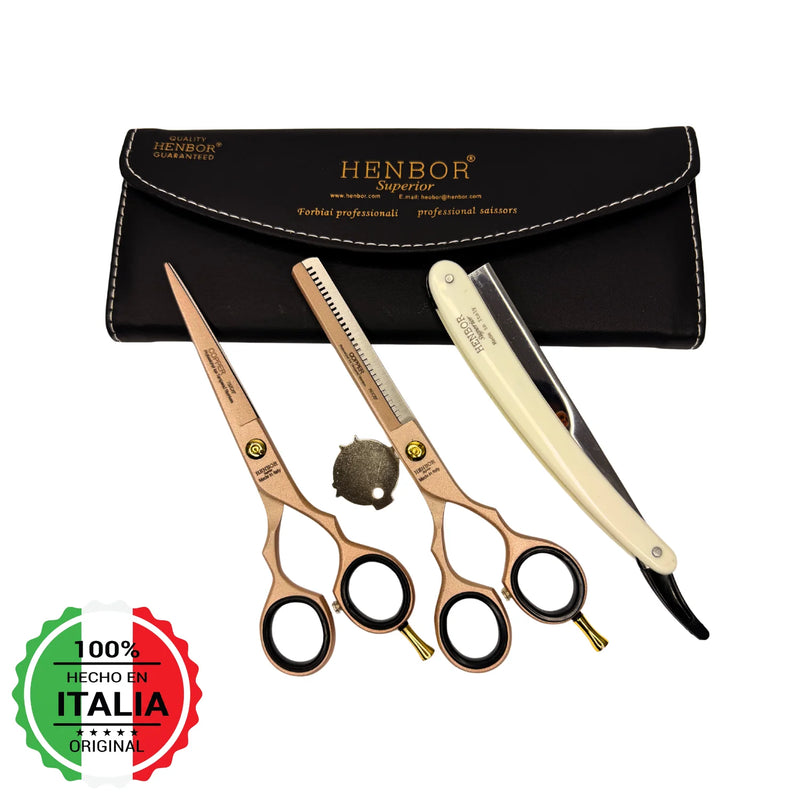 Set Tijeras Henbor Corte y Pulir Cobre Blanco con Porta Navaja Blanca
