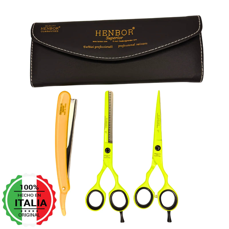 Kit Tijera Henbor Italiana Microdentada Y Esculpidora Neon 6"