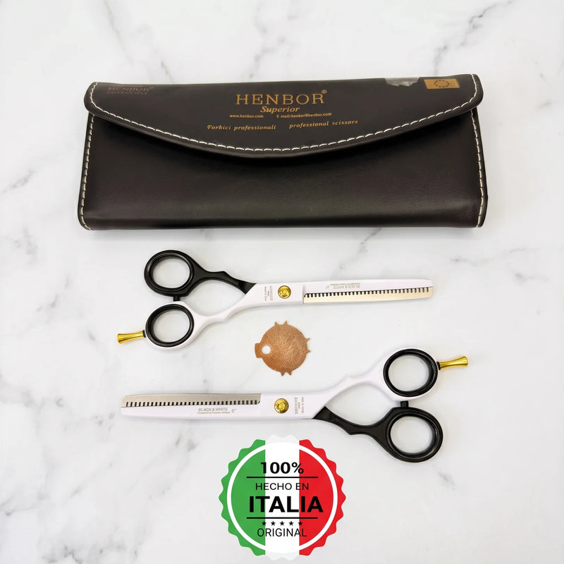 Set Tijeras Henbor Corte y Pulir Blanco Negro con Porta Navaja Negra