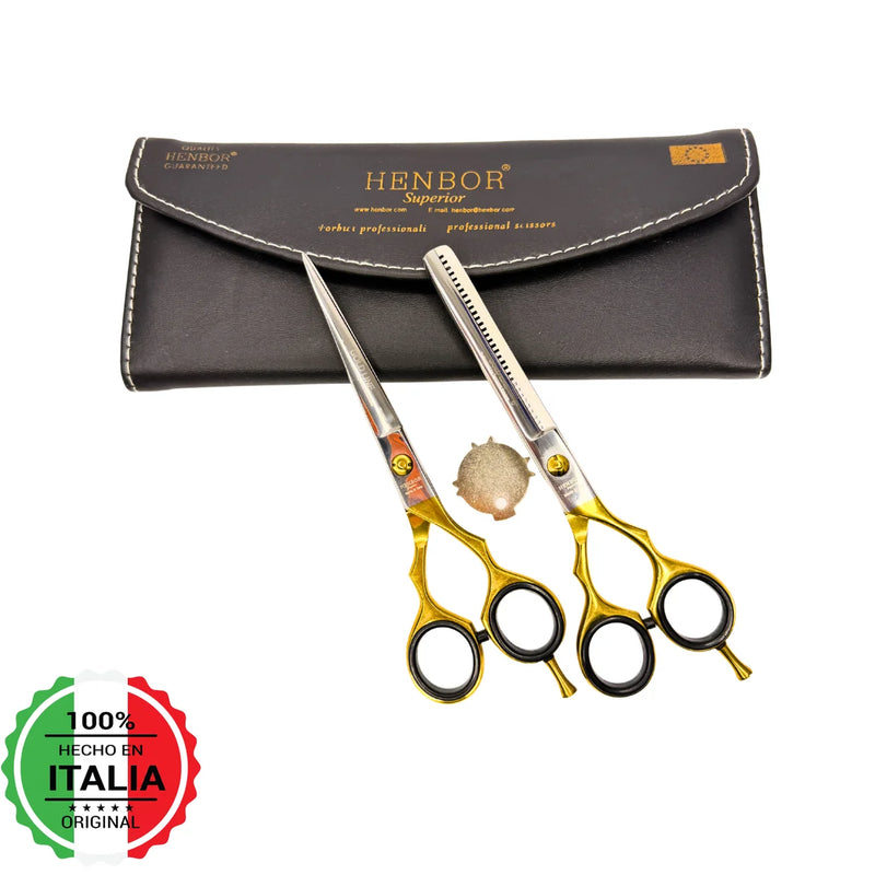 Set Tijera Henbor Italiana Microdentada Y Esculpidora Dorado