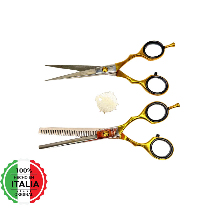 Set Tijera Henbor Italiana Microdentada Y Esculpidora Dorado