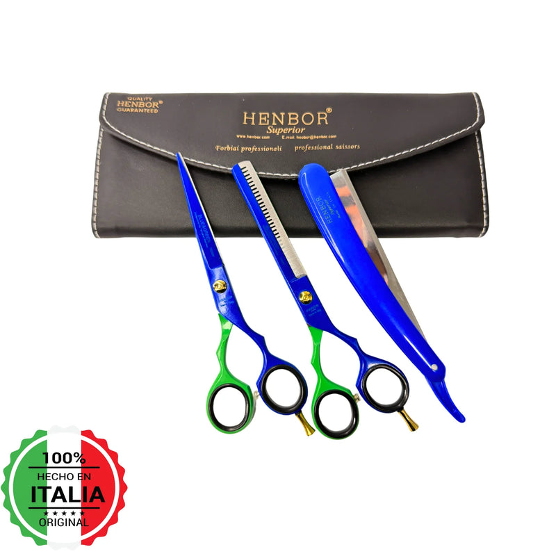 Set Tijeras Henbor Corte y Pulir Azul Verde con Porta Navaja Azul