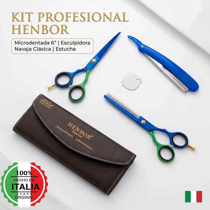 Set Tijeras Henbor Corte y Pulir Azul Verde con Porta Navaja Azul