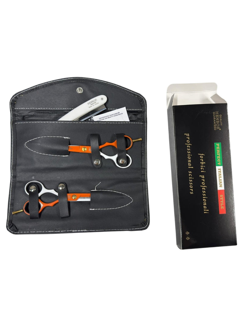 Set Tijeras Henbor Corte y Pulir Blanco Naranja con Porta Navaja Naranja