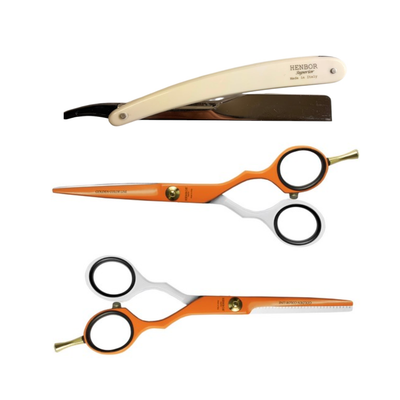 Set Tijeras Henbor Corte y Pulir Blanco Naranja con Porta Navaja Naranja