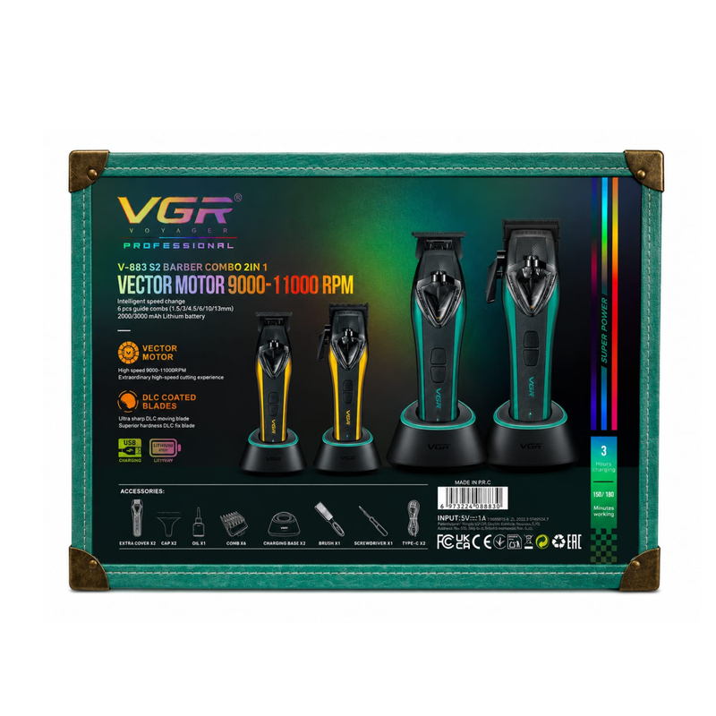 Kit Profesional VGR V-883 S2 Clipper y Trimmer 2 en 1 de 9.000 a 11.000 RPM
