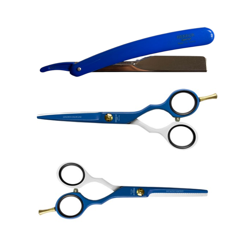 Set Tijeras Henbor Corte y Pulir Azul Blanco con Porta Navaja Azul
