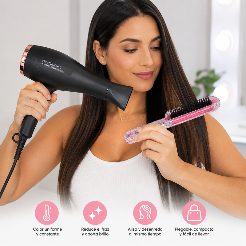Cepillo Alisador Térmico Cerámico Plegable Glitter Rosado