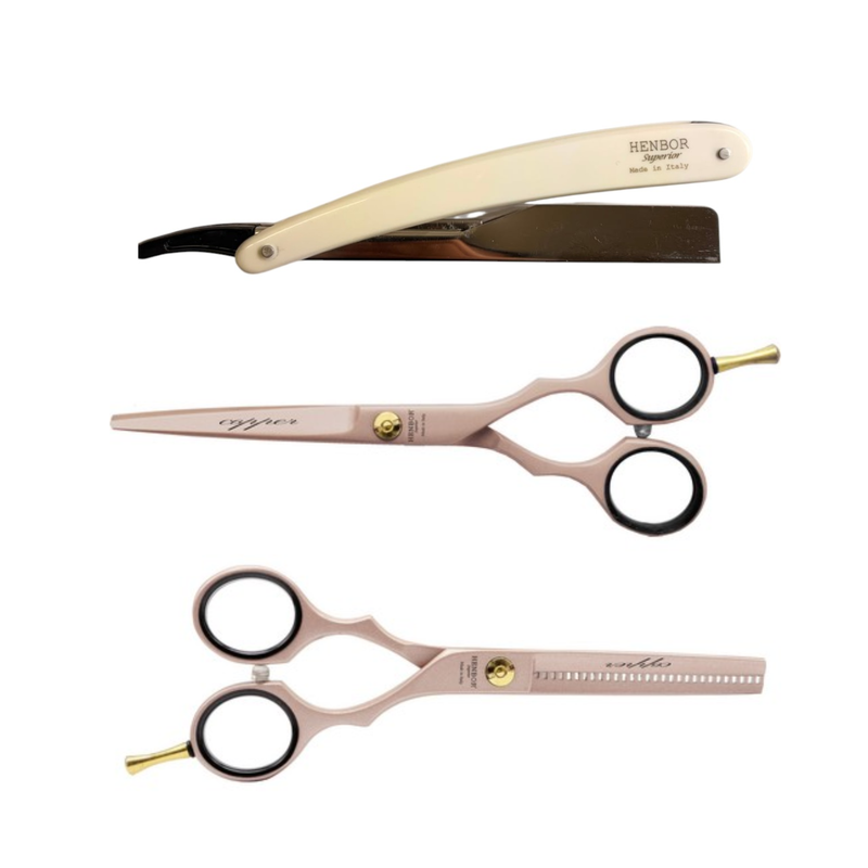 Set Tijeras Henbor Corte y Pulir Cobre Blanco con Porta Navaja Blanca