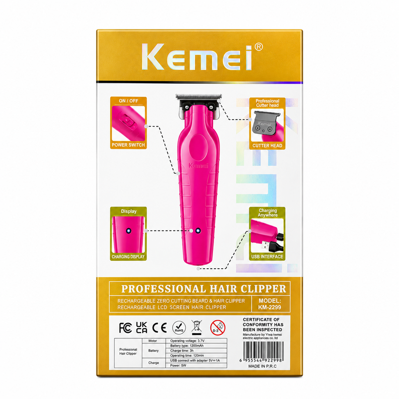 Kemei KM-2299 Trimmer Profesional Rosado Recargable USB