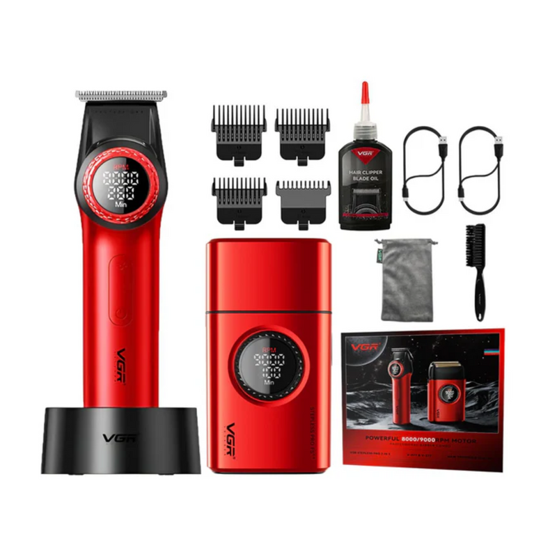 Barber Combo VGR Pro Patilera V-977 + Afeitadora V-377 Rojo