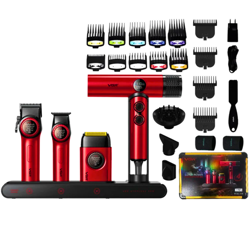 Kit Premium Barbería Maletín Clipper Trimmer Shaver Secador V-001