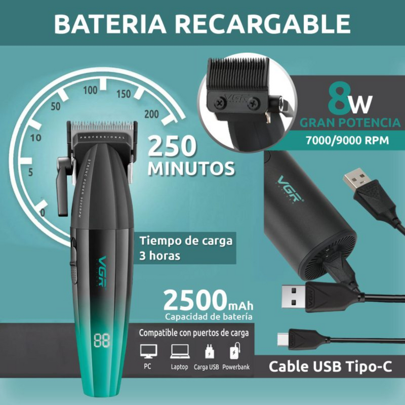 Máquina Cortapelo VGR003 Clipper Profesional Verde 9000RPM