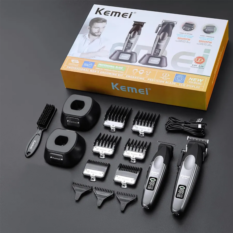 Barber Combo Kemei Cortadora y Patillera con Base 9000 RPM
