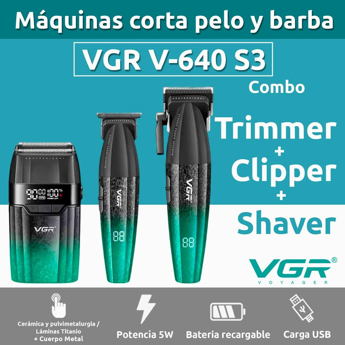 Barber Combo VGR640S3 Cortadora, Patillera y Afeitadora Verde