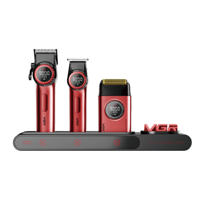 Barber Combo VGR Cortapelo, Patillera Y Afeitadora Rojo Stepless 3