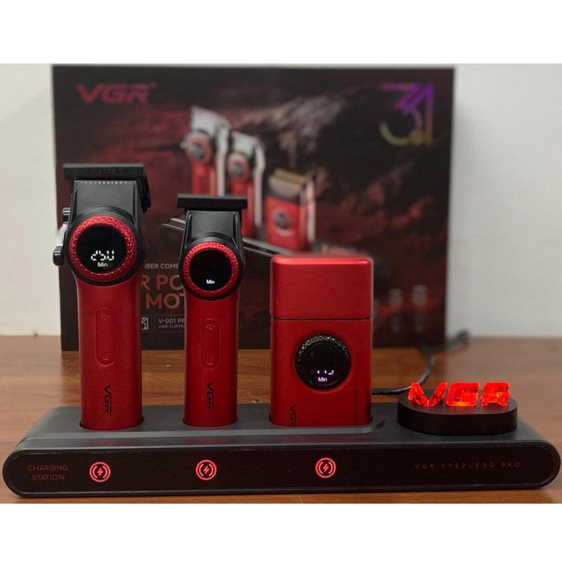 Barber Combo VGR Cortapelo, Patillera Y Afeitadora Rojo Stepless 3