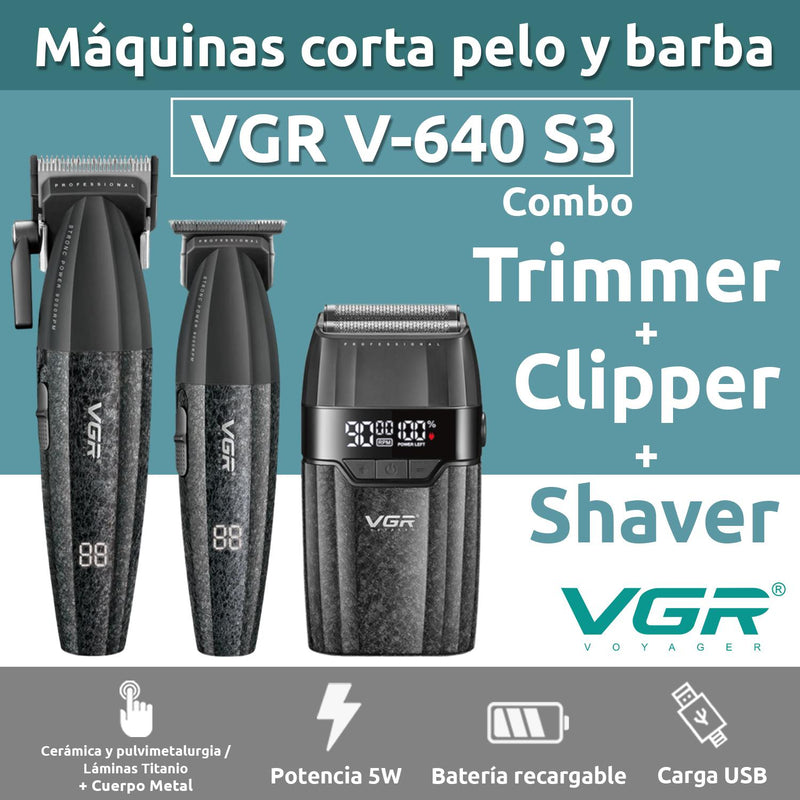 VGR Barber Combo V640S3 Cortadora, Patillera y Afeitadora