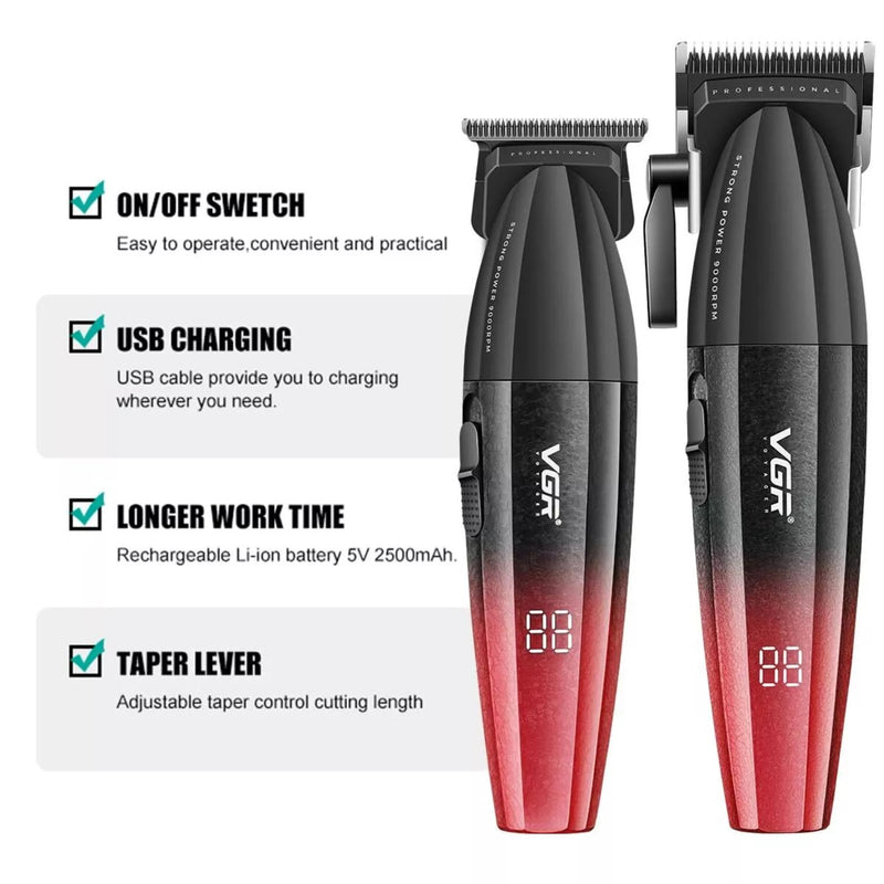 Barber Combo VGR Profesional V640 Clipper y Trimmer 9000RPM Rojo