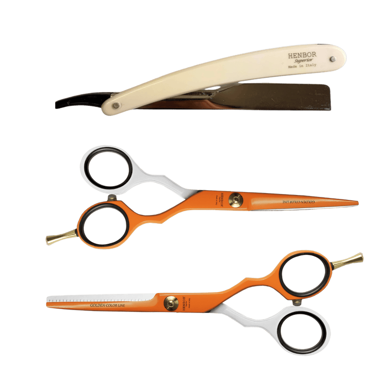 Set Tijeras Henbor Corte y Pulir Blanco Naranja con Porta Navaja Naranja