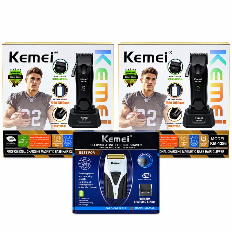 Combo Barbería Kemei S3 KM1386 + KM1385 + Shaver KM3383