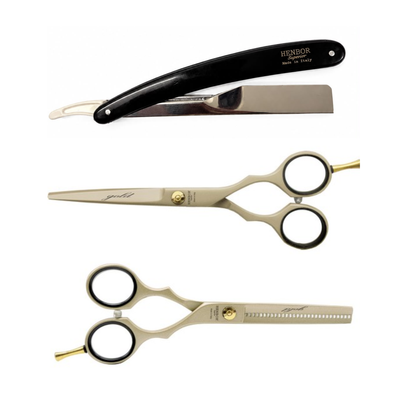 Set Tijeras Henbor Corte y Pulir Blanco con Porta Navaja Negro