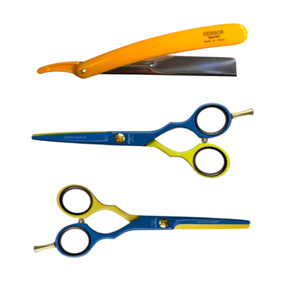 Set Tijeras Henbor Corte y Pulir Azul Verde con Porta Navaja Amarilla